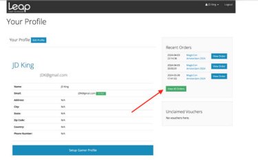 To review all of your purchases (badges, pre-order merchandise, Ticketed Play Events), log in to your Leap account profile select the green “View All Orders” button.